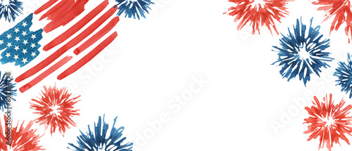 Fourth of July banner. USA flag and fireworks explosions. Independence day national holiday we are closed template. Hand drawn watercolor 4th of July clipart for web announcement, banner, coupon, sale