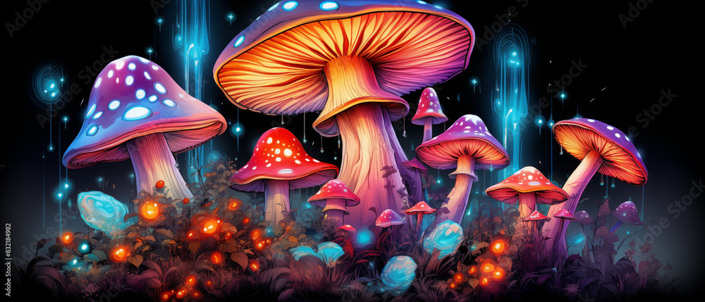 Fototapeta premium Fantasy Landscape with Glowing Mushrooms and Light Orbs - Digital Illustration