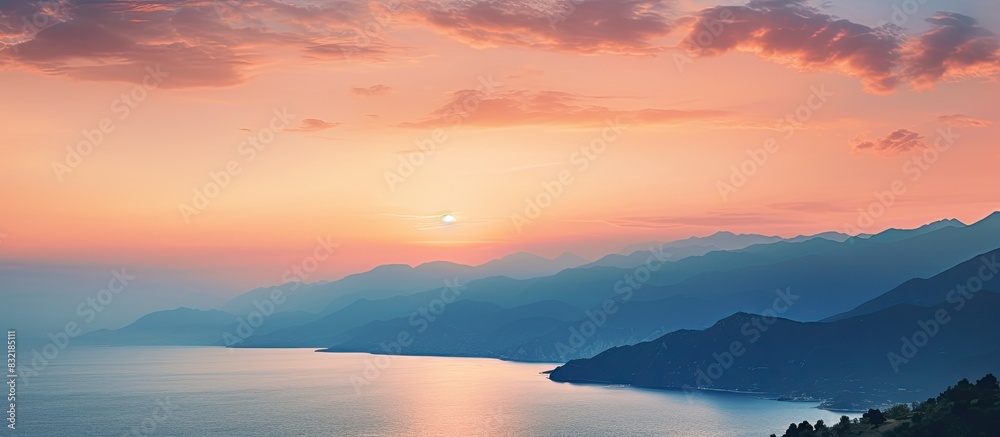 Sunset sky and sea mountains. Creative banner. Copyspace image