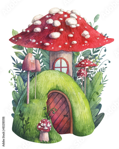 Fantasy hobbit house illustration. Round wooden door, window in a mushroom house. Watercolor fairytale children illustration. Red fly agaric mushroom in a forest, cute fantasy illustration