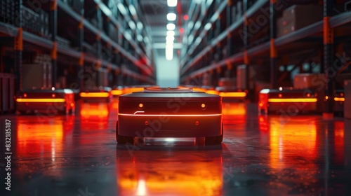 Small automated robots efficiently navigating a large warehouse with high shelves filled with boxes with automated warehouse collision between robots, displaying emergency shutdown features
