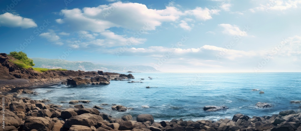 view of rocky beach with wide sky and flowing water. Creative banner. Copyspace image view of rocky beach with wide sky and flowing water. Creative banner. Copyspace image