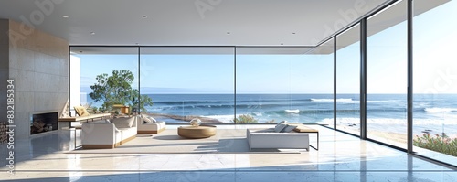 Modern beach house with floortoceiling windows and ocean view  isolated white background  high detail  coastal elegance