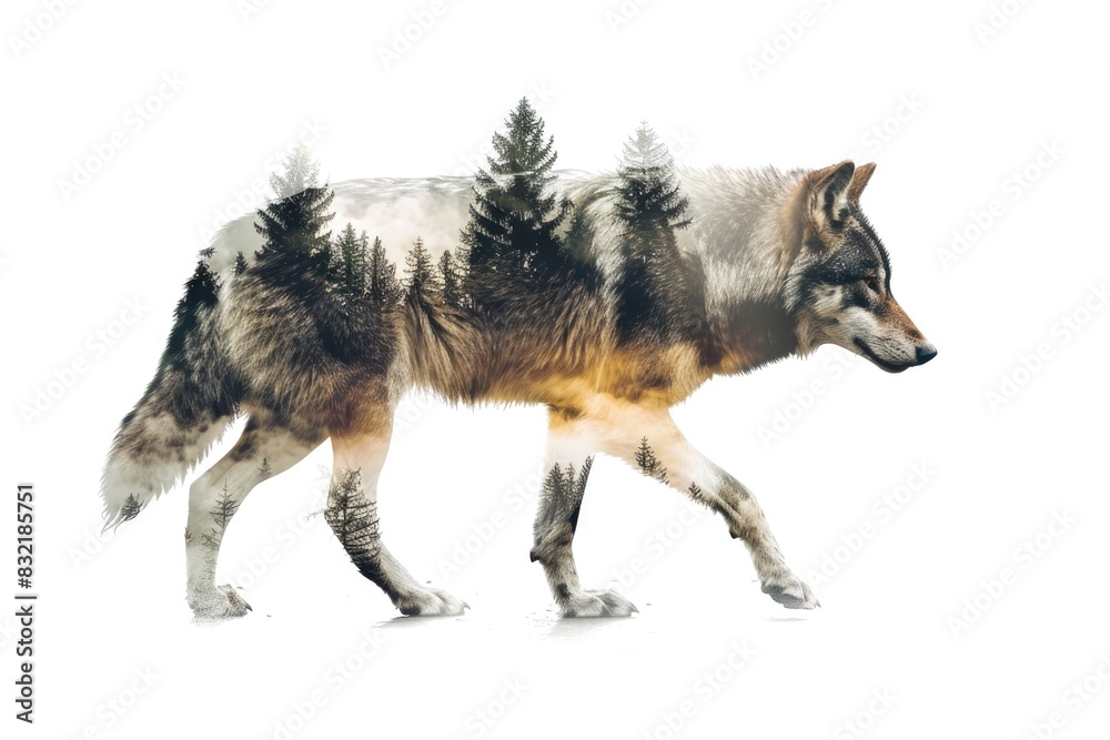 Majestic Double Exposure Wolf Blended with Misty Forest Landscape Majestic Double Exposure Wolf Blended with Misty Forest Landscape