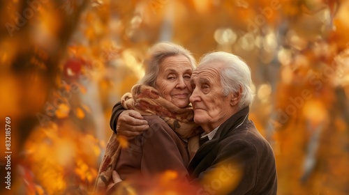 Happy Elderly Couple Embracing in Autumn Leaves. © vlntn