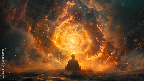 Night Sky Fire: Silhouette of a man meditating by the sea at sunset, amidst a forest with a burning fire, embodying peace and nature's energy photo