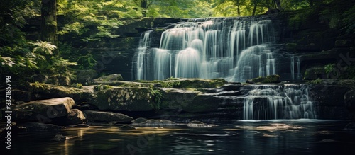 small river waterfall in nature. Creative banner. Copyspace image