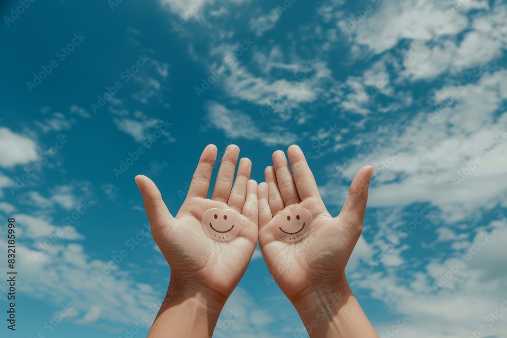 Two hands are held up against a bright blue sky with fluffy clouds, each palm adorned with a simple smiling face drawn on them. Two hands are held up against a bright blue sky with fluffy clouds, each palm adorned with a simple smiling face drawn on them.