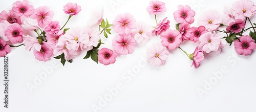 Pink flowers on white background. Creative banner. Copyspace image
