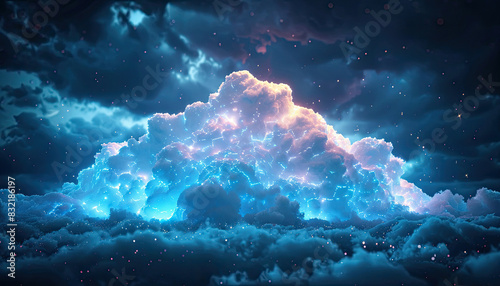 A large cloud of blue and pink clouds with a bright star in the middle by AI generated image photo