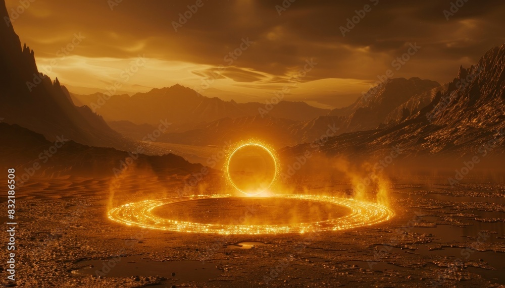Desert ring of fire with mountain background adventure travel and nature beauty concept Desert ring of fire with mountain background adventure travel and nature beauty concept