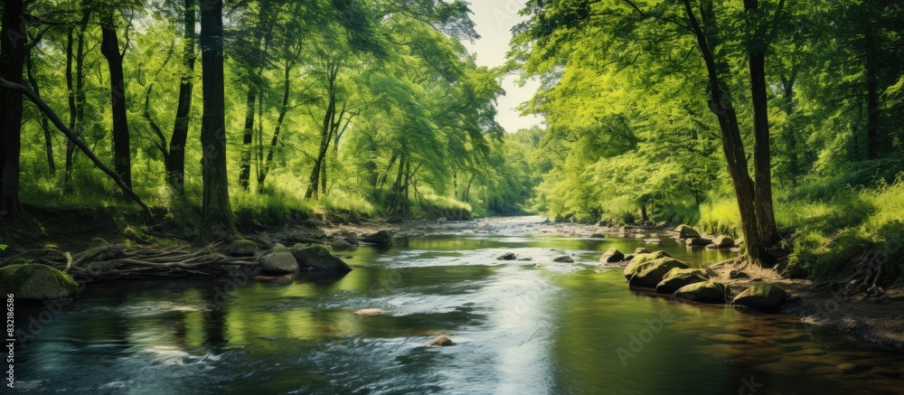 Summer natural landscape with a small forest river and overgrown banks. Creative banner. Copyspace image