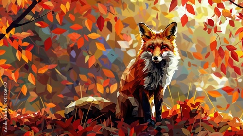 Striking geometric of a cunning low poly fox with a rich autumnal color palette set against a backdrop of vibrant fall foliage and leaves Dynamic rendering of a wild animal in a natural seasonal photo