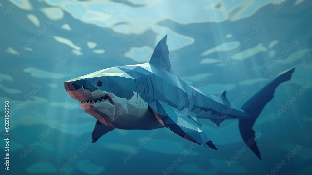 Fototapeta premium Mesmerizing low poly representation of a shark gracefully gliding through a serene digitally rendered underwater environment The simplistic geometric design and muted blue tones create a modern