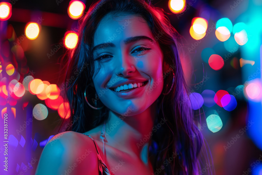 Cheerful young woman in vibrant night club with colorful lights Cheerful young woman in vibrant night club with colorful lights
