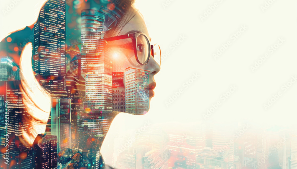 A woman is standing in front of a city skyline with a blurry background by AI generated image