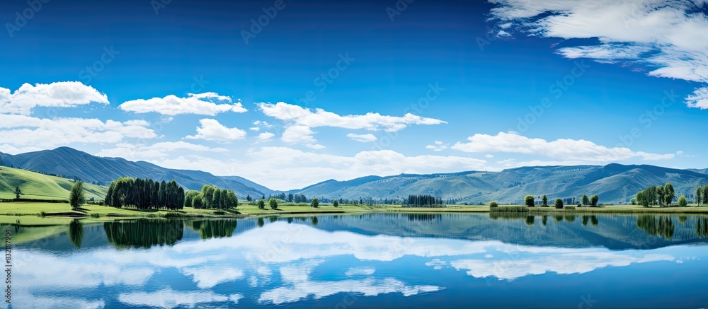 panorama blue sky and lake white cloud. Creative banner. Copyspace image