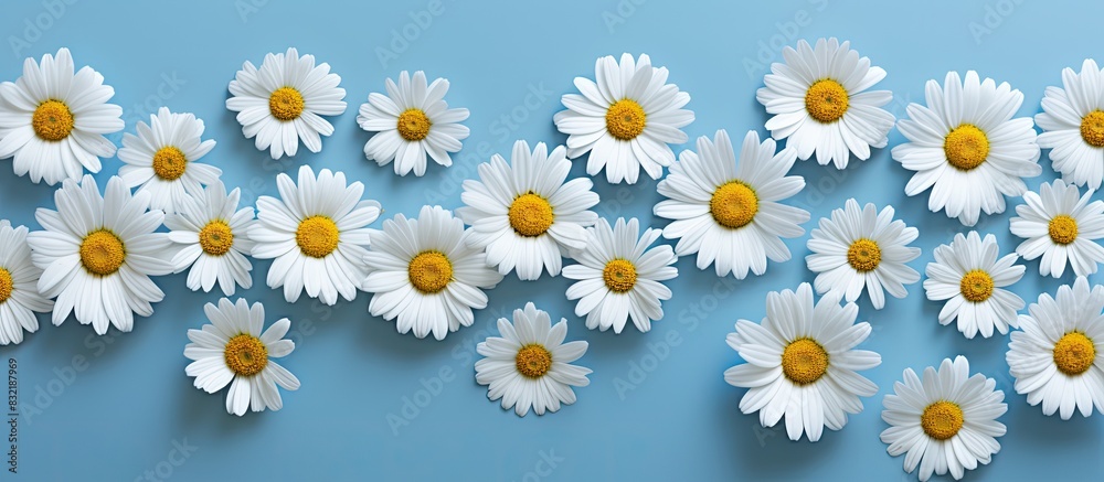 Daisy pattern Flat lay spring and summer chamomile flowers on a blue background Repetition concept Top view. Creative banner. Copyspace image