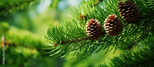 beautiful bunch of fir cones on a green branch. Creative banner. Copyspace image
