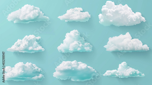 Set of nine fluffy white clouds on blue background photo