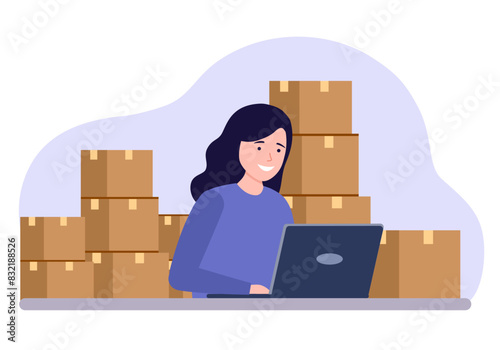 Woman using laptop to sell products online with order packages waiting to deliver behind her. Concept of shopping online, e-commerce store, checking order.