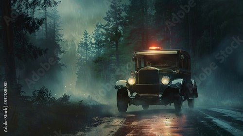 frazetta illustration of old vintage 1920s police car with single flashing red dome light on the roof is speeding down a dark eerie misty paved New Hampshire road at  photo