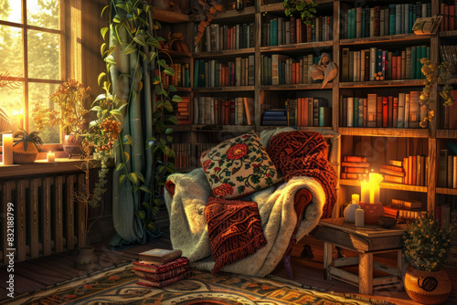 Cozy reading nook with armchair, bookshelves, and candlelight ambiance