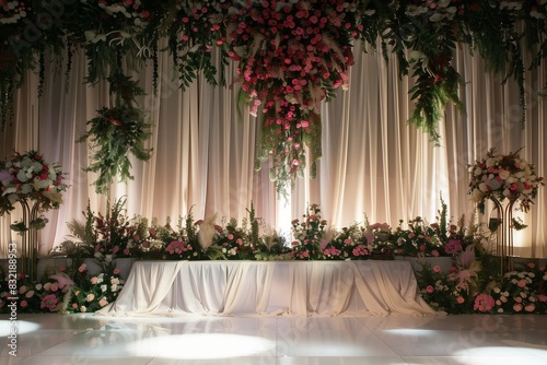 Wedding Stage  aesthetic design with beautiful flowers on the back.
