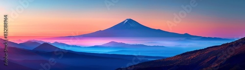 Artistic depiction of a mountain at dawn  colors blending into a breathtaking scene of ambition and serene beauty