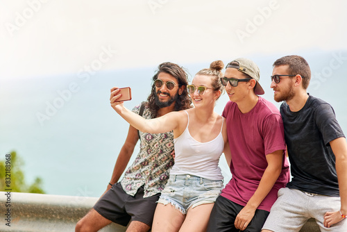 Outdoor, smile or friends in selfie for hiking outdoors in nature sharing experience on social media. Holiday vacation, fun memory or happy people take pictures or photograph for trekking together