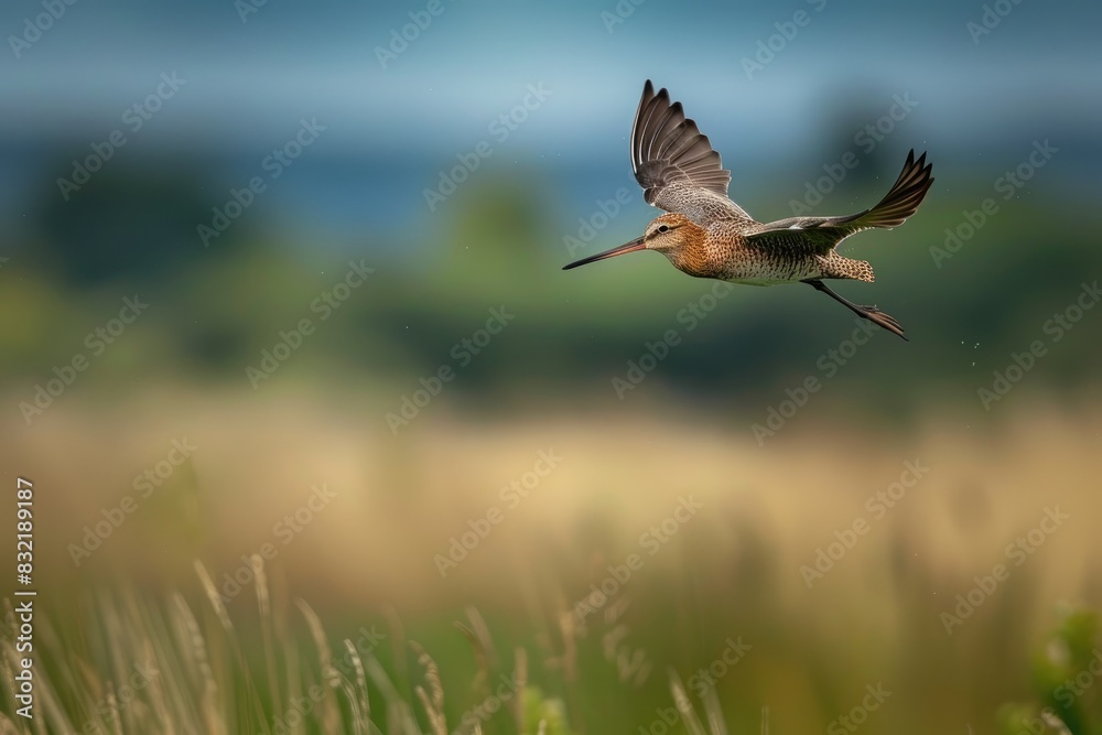 a image of a bird flying over a field of tall grass a image of a bird flying over a field of tall grass