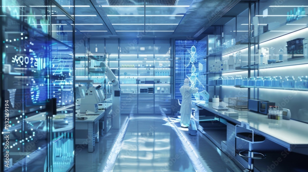A state-of-the-art biotech lab in the U.S., researchers analyzing DNA sequences and developing medical devices, in a clean, futuristic style with bright lighting. --ar 16:9 --style raw A state-of-the-art biotech lab in the U.S., researchers analyzing DNA sequences and developing medical devices, in a clean, futuristic style with bright lighting. --ar 16:9 --style raw