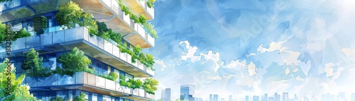Artistic urban design A beautifully detailed watercolor painting of a modern building with balconies overflowing with greenery, ideal for architectural presentations photo