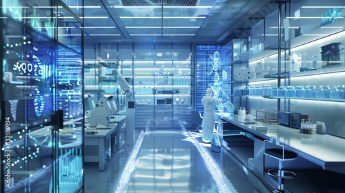 A state-of-the-art biotech lab in the U.S., researchers analyzing DNA sequences and developing medical devices, in a clean, futuristic style with bright lighting. --ar 16:9 --style raw 