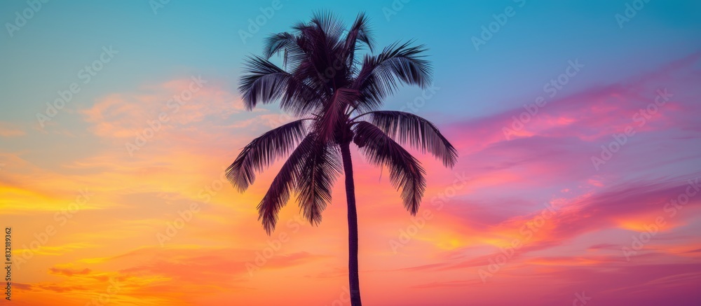 Silhouette sugar palm And the colorful of the evening sky. Creative banner. Copyspace image