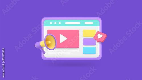 Video marketing digital multimedia content advertising web internet browser 3d icon realistic vector