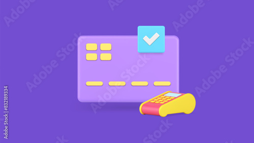 Credit debit card success payment POS terminal financial transaction complete 3d icon vector