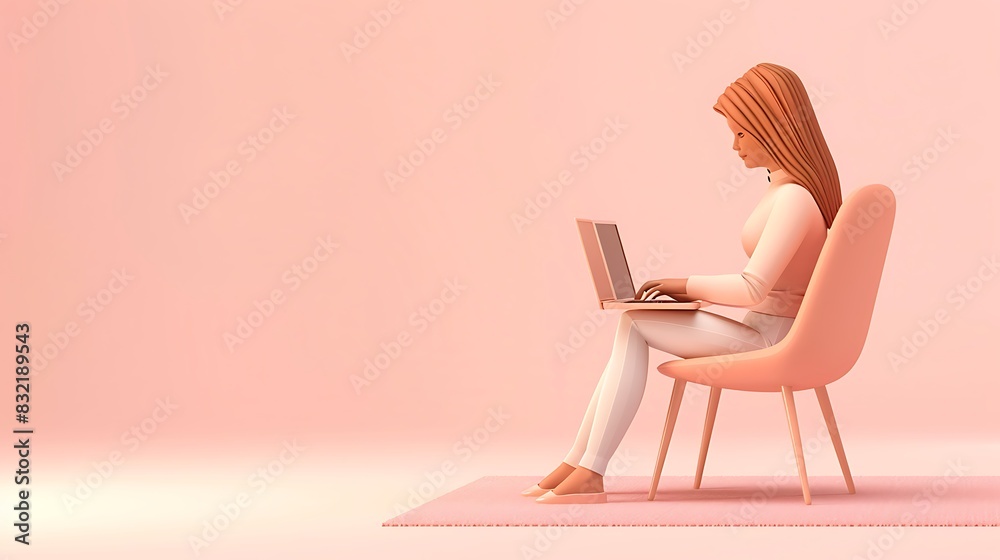 Fototapeta premium 3D woman character typing on a laptop, with a plain light pink background and a clean, modern chair