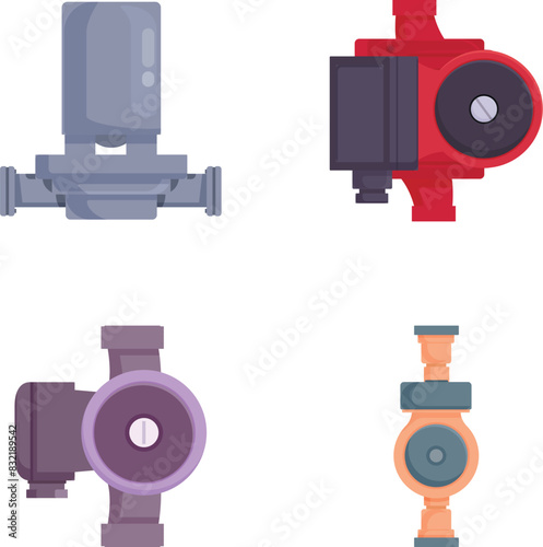 Illustration collection showing various colorful industrial pipes and valves in a flat style