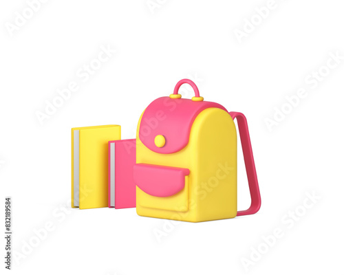 Back to school backpack paper books textbook learning education 3d icon realistic vector