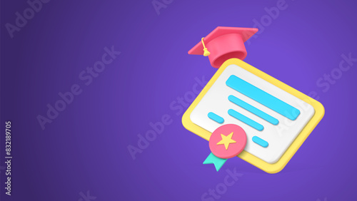 Graduation diploma certificate with medal and cap educational achievement 3d icon realistic vector