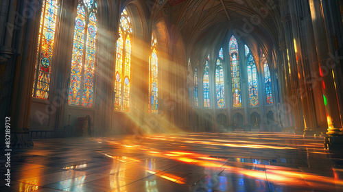 Sunlight streaming through stained glass windows in a grand cathedral