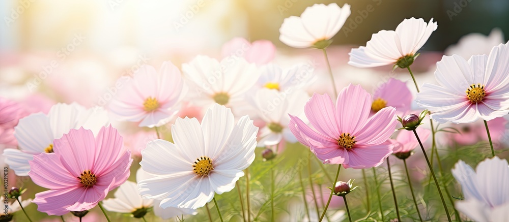 white pink cosmos flower blooming in the garden with sunshine. Creative banner. Copyspace image white pink cosmos flower blooming in the garden with sunshine. Creative banner. Copyspace image