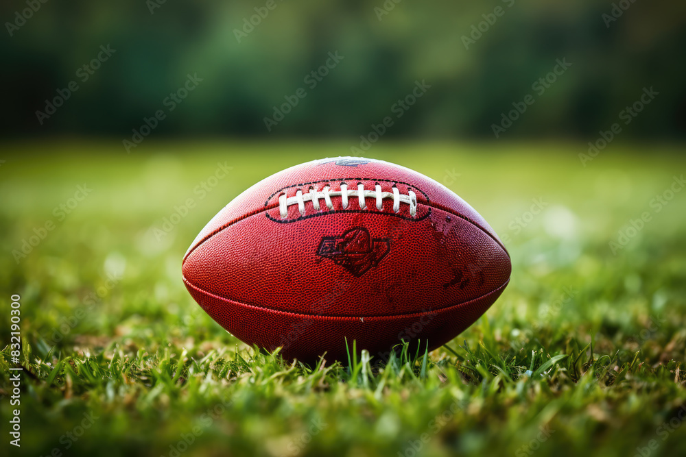 generated illustration of American football ball on green grass field generated illustration of American football ball on green grass field