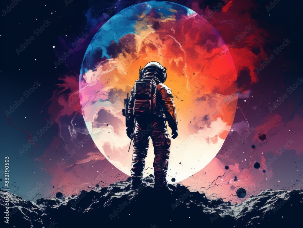 Astronaut stands on alien planet with colorful abstract sky. Space exploration, cosmic adventure, and future technology concept.