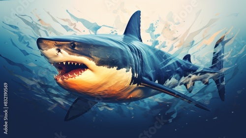 A fierce great white shark swimming underwater with mouth open and sharp teeth visible, showcasing its power and beauty. photo