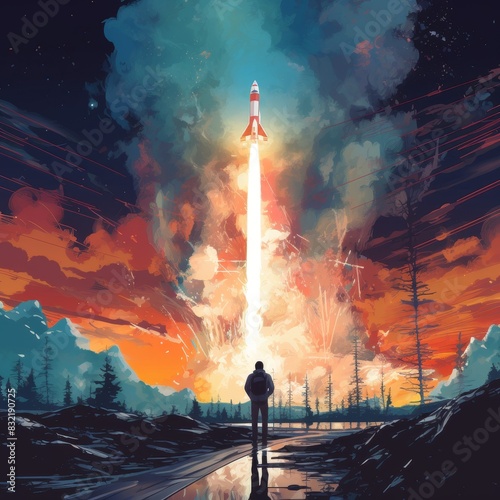 A person watches a rocket launch into the colorful sky, illuminating the landscape with bright flames and smoke in a scenic setting.