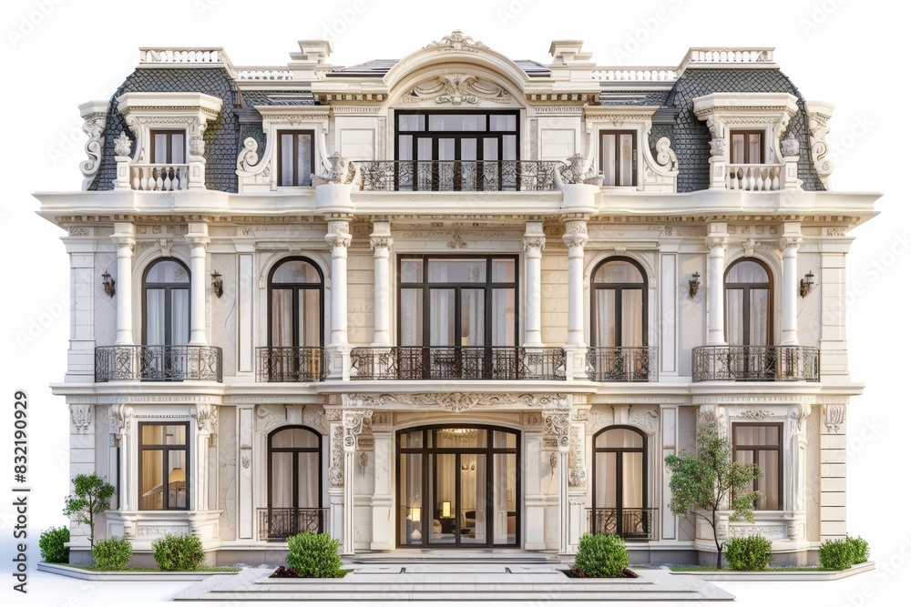Luxury hotel with elegant architecture, isolated white background, high detail, prime commercial real estate Luxury hotel with elegant architecture, isolated white background, high detail, prime commercial real estate