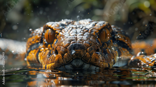 Close-up of giant anaconda with yellow eyes in water