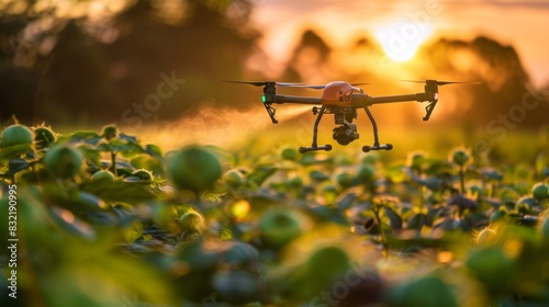Agricultural drone equipped with biopesticide applicator spraying crops with natural pest control solutions, promoting sustainable farming practices. --ar 16:9 --style raw  photo